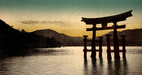Sunset over the Great Torii at Itsukushima Shrine on Miyajima (Near Hiroshima)