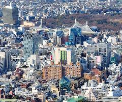 Shibuya glass buildings aerial view