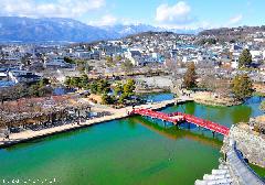 Matsumoto Castle's red bridge panorama